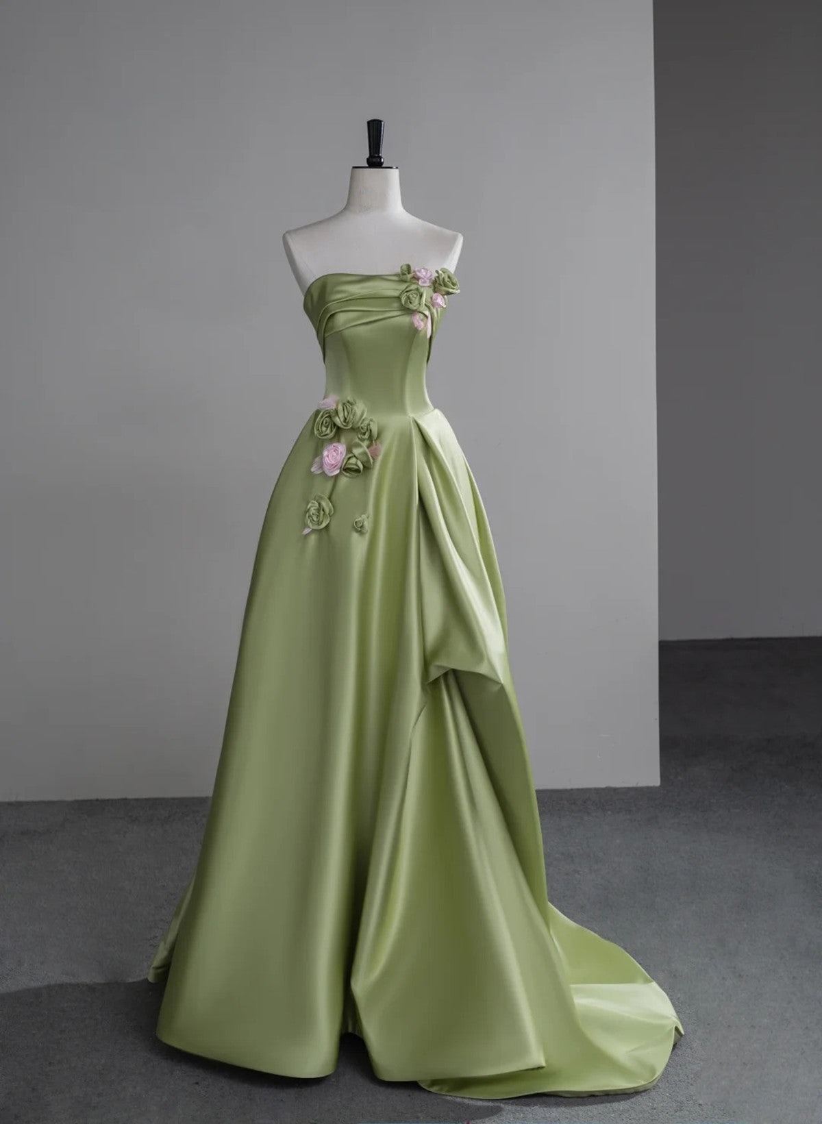 Green A-Line Satin With Flowers Long Formal Evening Dresses, Green Satin Formal Prom Dresses Main image