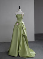 Green A-Line Satin With Flowers Long Formal Evening Dresses, Green Satin Formal Prom Dresses