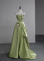 Green A-Line Satin With Flowers Long Formal Evening Dresses, Green Satin Formal Prom Dresses