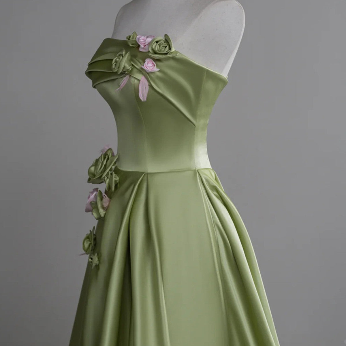 Green A-Line Satin With Flowers Long Formal Evening Dresses, Green Satin Formal Prom Dresses Secondary image