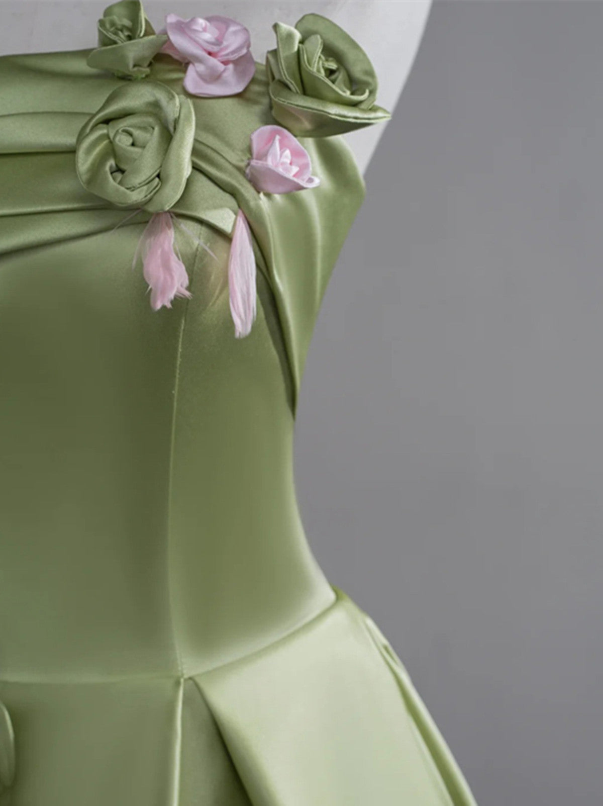 Green A-Line Satin With Flowers Long Formal Evening Dresses, Green Satin Formal Prom Dresses