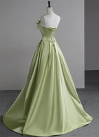 Green A-Line Satin With Flowers Long Formal Evening Dresses, Green Satin Formal Prom Dresses