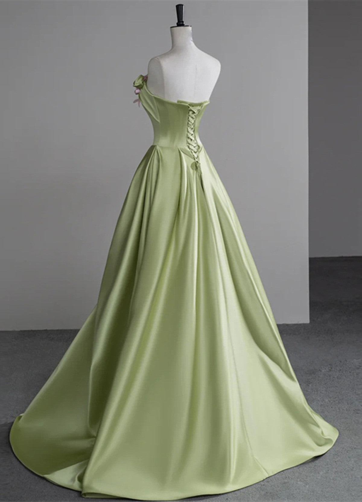 Green A-Line Satin With Flowers Long Formal Evening Dresses, Green Satin Formal Prom Dresses