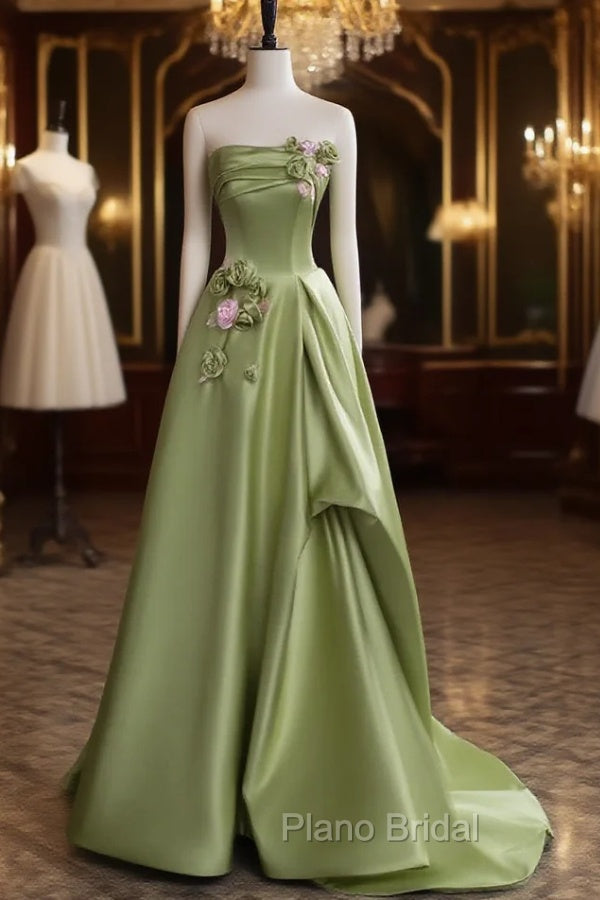 Green A-line Satin with Flowers Long Evening Dresses, Green Satin Formal Prom Dresses Main image
