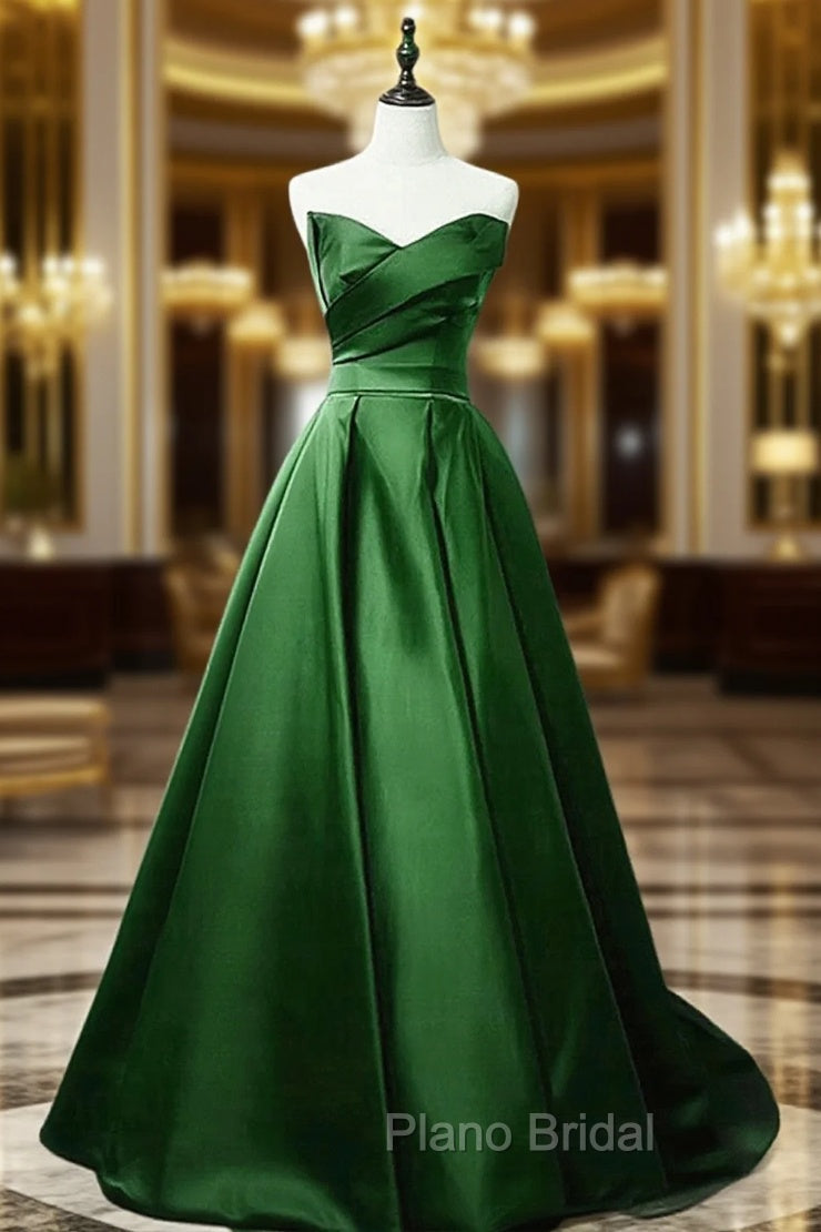 Green A-line Simple Satin Long Party Dresses, Green Satin Formal Prom Dresses Main image