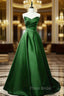 Green A-line Simple Satin Long Party Dresses, Green Satin Formal Prom Dresses