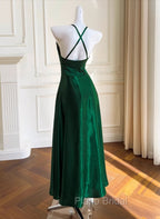 Green A-line Soft Satin Cross Back Evening Dresses, Green Formal Prom Dresses Party Dresses