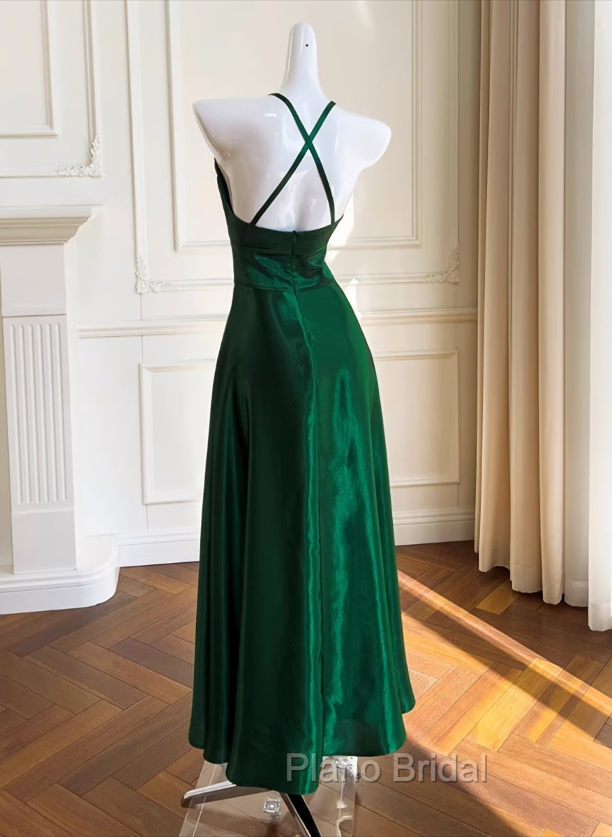 Green A-line Soft Satin Cross Back Evening Dresses, Green Formal Prom Dresses Party Dresses
