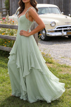 Green A-Line Spaghetti Straps Chiffon Bridesmaid Dress with Ruffles