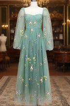 Green A-Line Sweetheart Green Tulle Lace Long Formal Prom Dresses, Green Formal Dresses