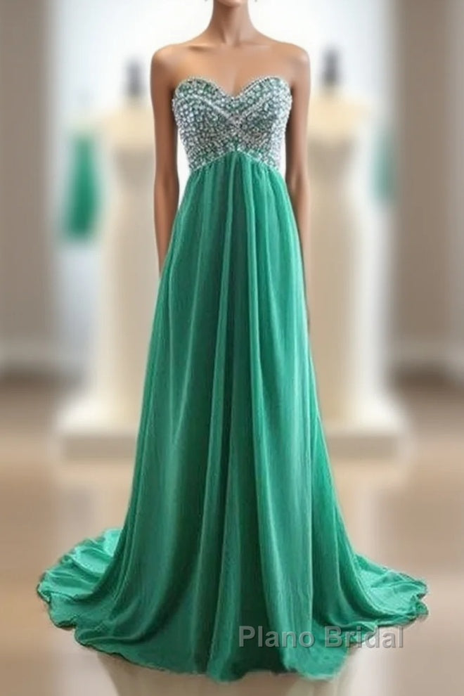 Green A-Line Sweetheart Neck Chiffon Long Formal Prom Dresses, Evening Dresses Main image