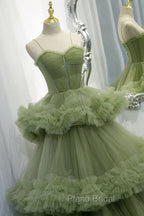 Green A-line Sweetheat Pleated Tulle Formal Prom Dresses
