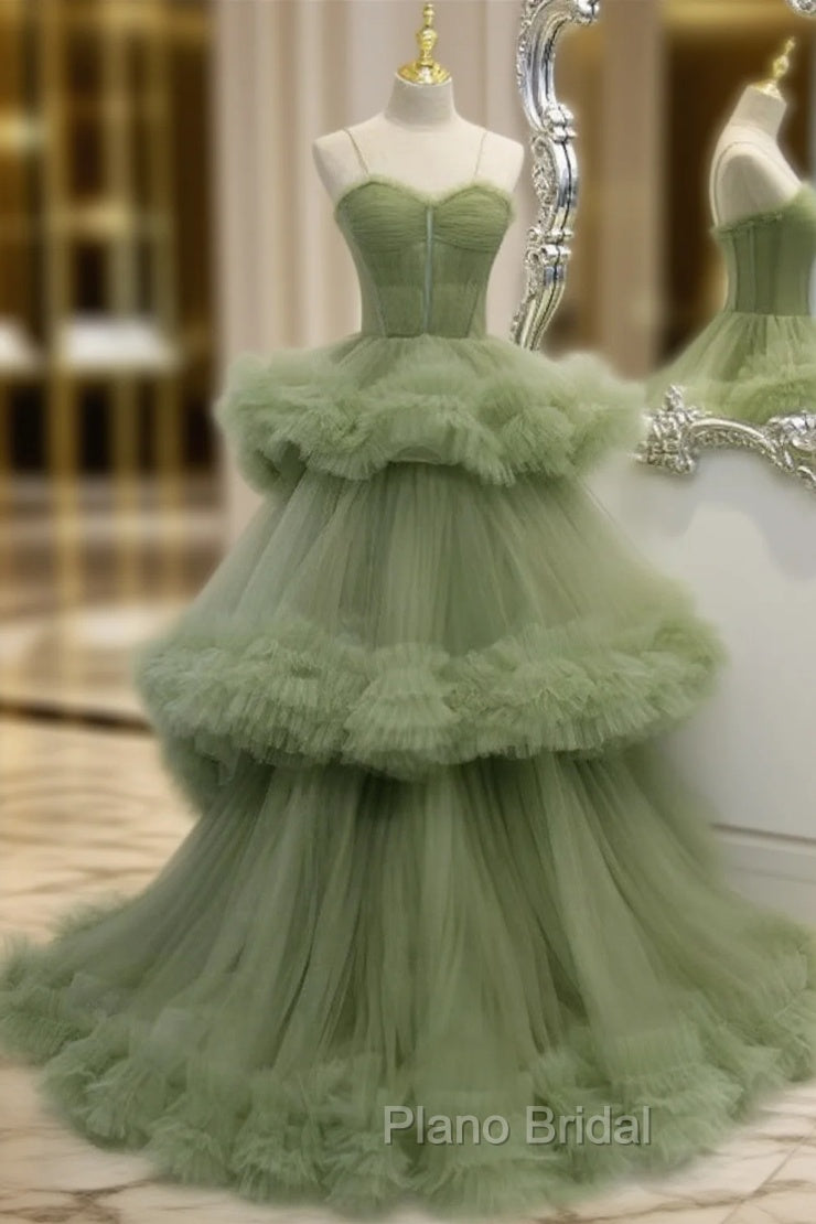 Green A-line Sweetheat Pleated Tulle Formal Prom Dresses Main image