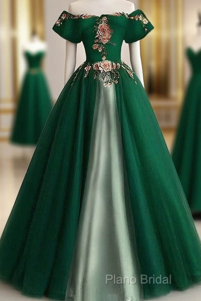 Green A-Line Tulle And Satin Long Formal Dresses, Green Party Dresses Formal Prom Dresses Main image