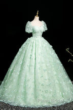 Green A-Line Tulle Beaded Sequin Long Formal Prom Dresses, Beautiful 3D Butterfly Evening Dresses