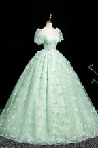 Green A-Line Tulle Beaded Sequin Long Formal Prom Dresses, Beautiful 3D Butterfly Evening Dresses