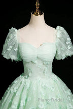 Green A-Line Tulle Beaded Sequin Long Formal Prom Dresses, Beautiful 3D Butterfly Evening Dresses