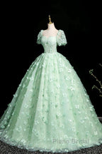 Green A-Line Tulle Beaded Sequin Long Formal Prom Dresses, Beautiful 3D Butterfly Evening Dresses