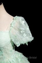 Green A-Line Tulle Beaded Sequin Long Formal Prom Dresses, Beautiful 3D Butterfly Evening Dresses