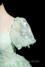 Green A-Line Tulle Beaded Sequin Long Formal Prom Dresses, Beautiful 3D Butterfly Evening Dresses