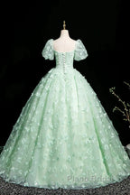 Green A-Line Tulle Beaded Sequin Long Formal Prom Dresses, Beautiful 3D Butterfly Evening Dresses