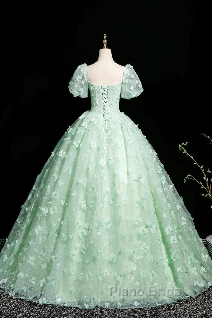 Green A-Line Tulle Beaded Sequin Long Formal Prom Dresses, Beautiful 3D Butterfly Evening Dresses