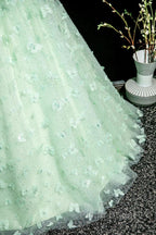 Green A-Line Tulle Beaded Sequin Long Formal Prom Dresses, Beautiful 3D Butterfly Evening Dresses