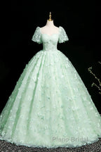 Green A-Line Tulle Beaded Sequin Long Formal Prom Dresses, Beautiful 3D Butterfly Evening Dresses