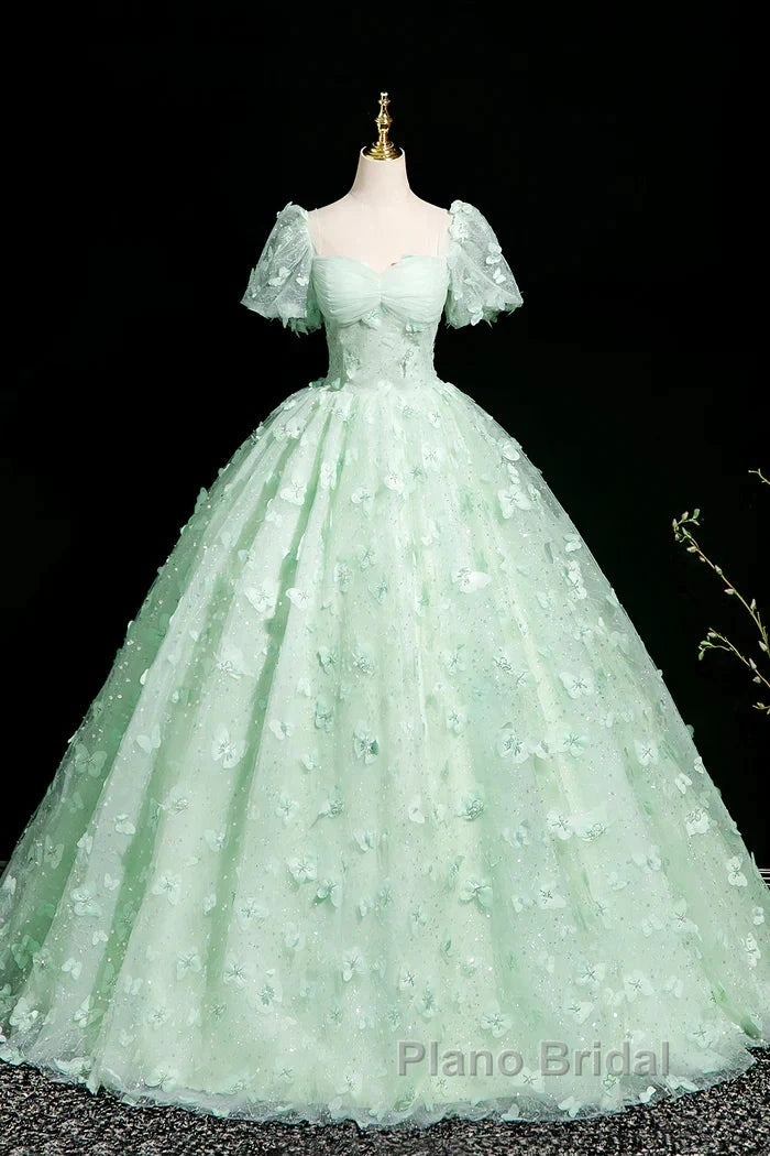 Green A-Line Tulle Beaded Sequin Long Formal Prom Dresses, Beautiful 3D Butterfly Evening Dresses