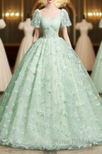 Green A-Line Tulle Beaded Sequin Long Formal Prom Dresses, Beautiful 3D Butterfly Evening Dresses