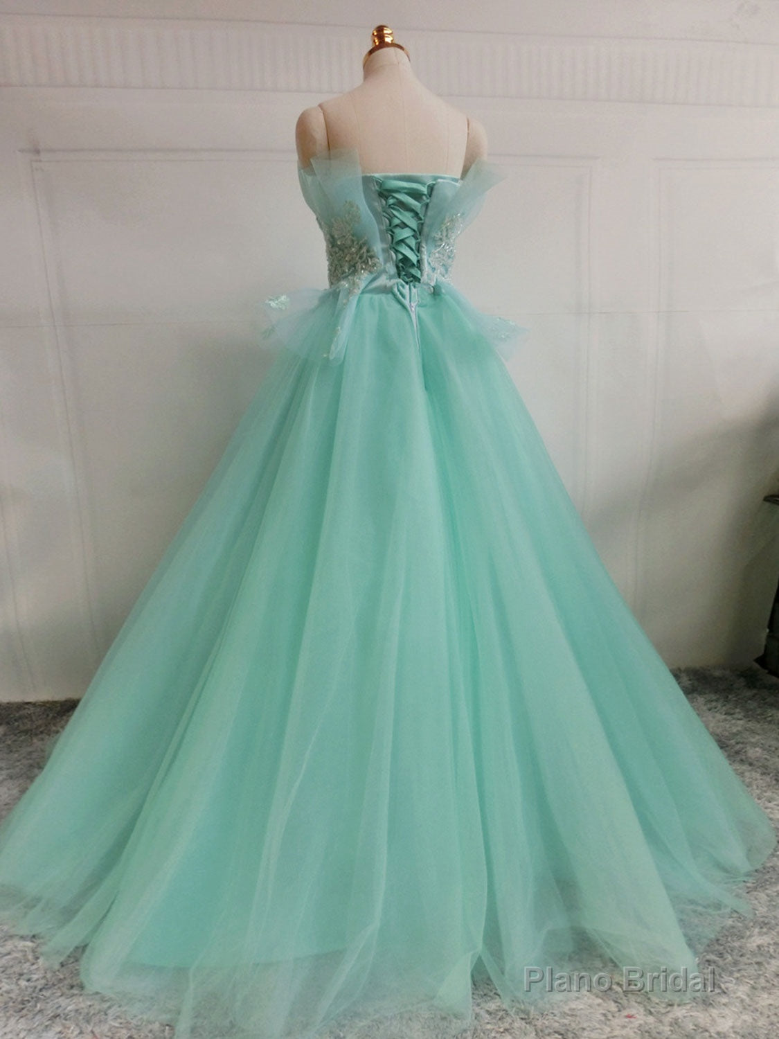 Green  A-Line Tulle Lace Long Prom Dress, Green Sweet 16 Dress Main image