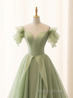 Green A Line Tulle Long Formal Prom Dresses V Neck Long Formal Dresses