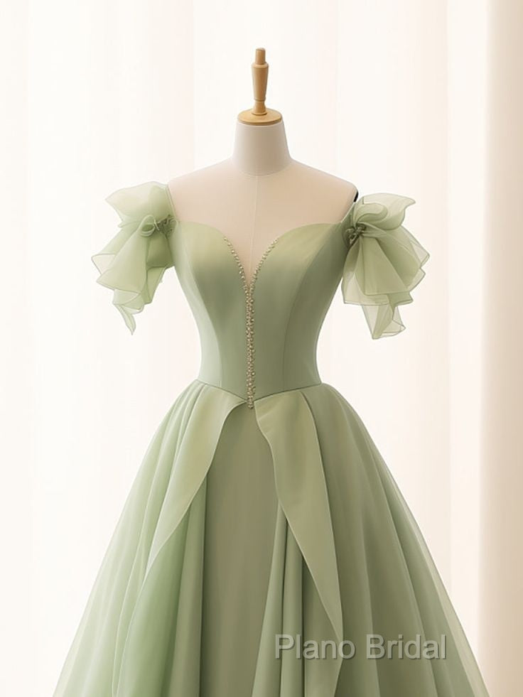 Green A Line Tulle Long Formal Prom Dresses V Neck Long Formal Dresses Secondary image
