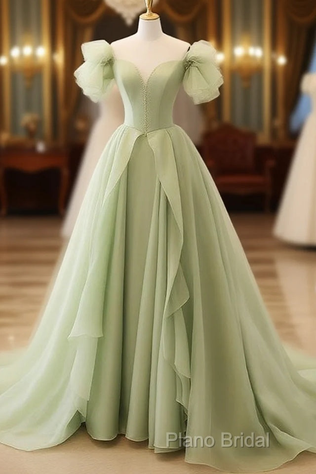 Green A Line Tulle Long Formal Prom Dresses V Neck Long Formal Dresses Main image