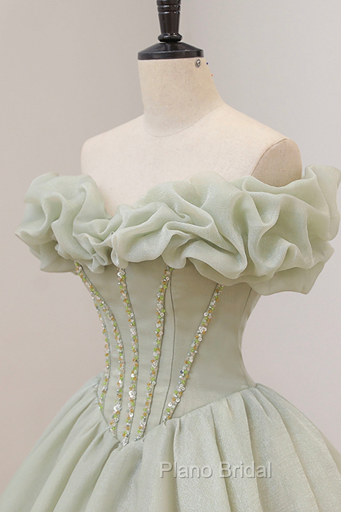 Green A-Line Tulle Long Formal Prom Dresses with Beaded, Off the Shoulder Evening Dresses