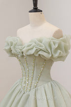 Green A-Line Tulle Long Formal Prom Dresses with Beaded, Off the Shoulder Evening Dresses