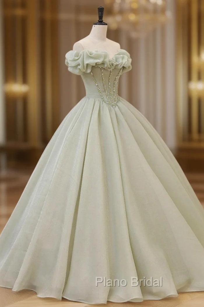 Green A-Line Tulle Long Formal Prom Dresses with Beaded, Off the Shoulder Evening Dresses