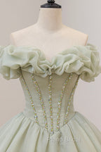 Green A-Line Tulle Long Formal Prom Dresses with Beaded, Off the Shoulder Evening Dresses