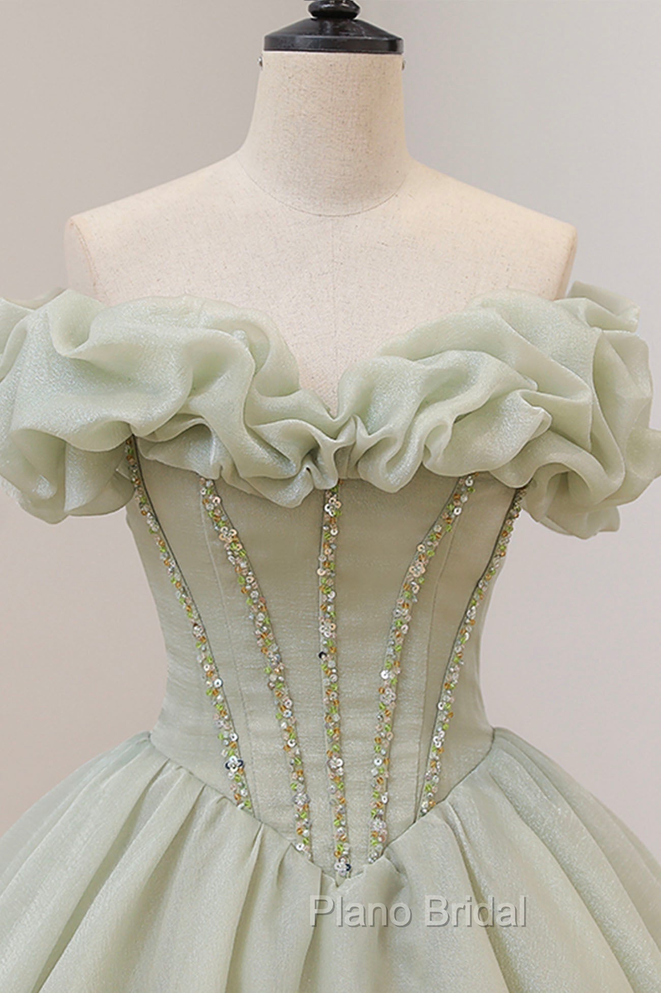 Green A-Line Tulle Long Formal Prom Dresses with Beaded, Off the Shoulder Evening Dresses