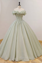 Green A-Line Tulle Long Formal Prom Dresses with Beaded, Off the Shoulder Evening Dresses