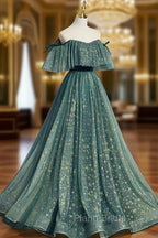 Green A line Tulle Long Formal Prom Dresses, Green Graduation Dresses