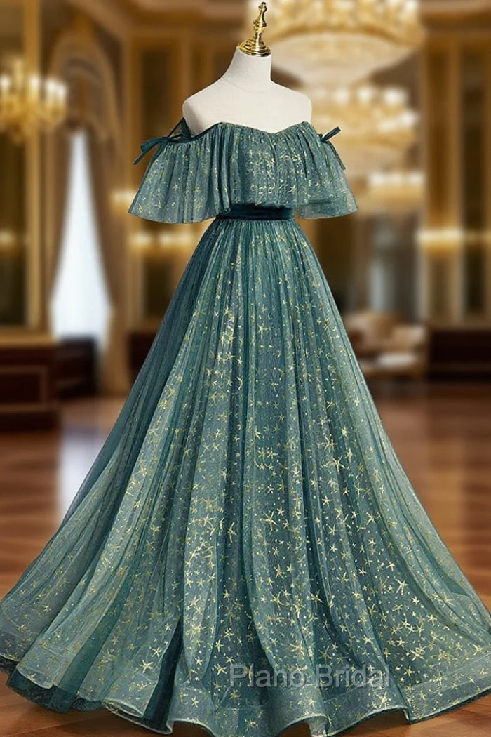 Green A line Tulle Long Formal Prom Dresses, Green Graduation Dresses