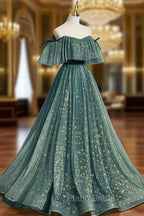 Green A line Tulle Long Formal Prom Dresses, Green Graduation Dresses