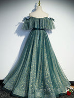 Green A line Tulle Long Formal Prom Dresses, Green Graduation Dresses