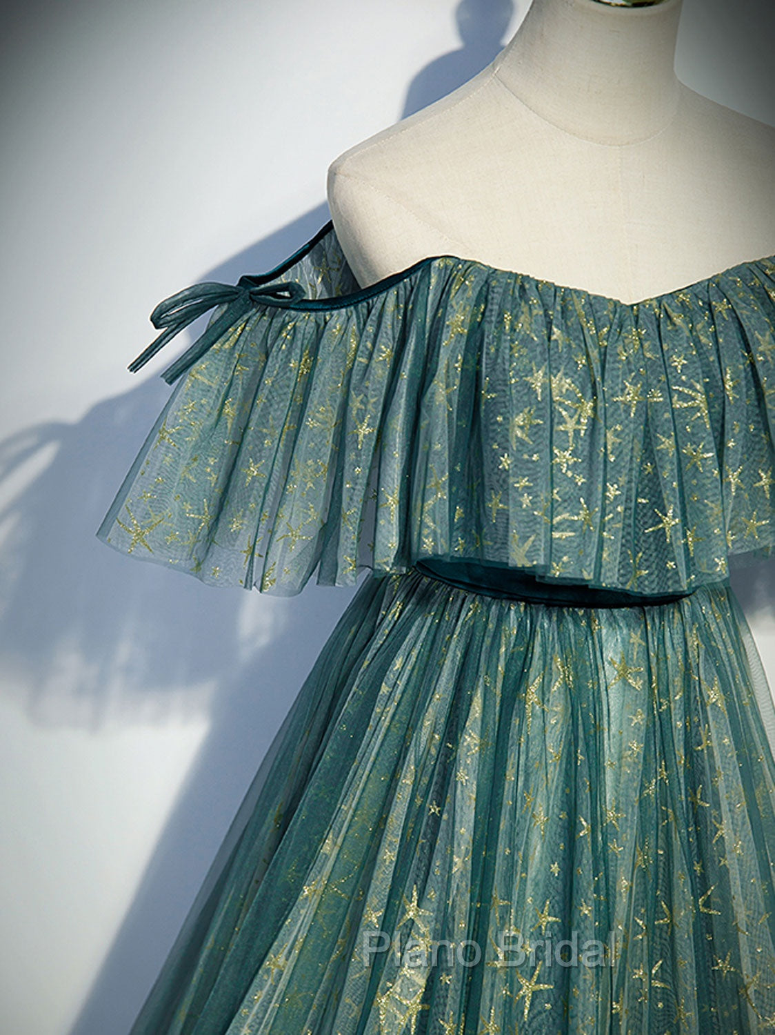 Green A line Tulle Long Formal Prom Dresses, Green Graduation Dresses