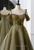 Green A-line Tulle Long Sweetheart Party Dresses, Green Tulle Formal Prom Dresses