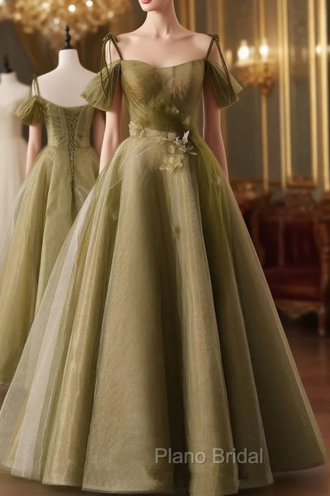 Green A-line Tulle Long Sweetheart Party Dresses, Green Tulle Formal Prom Dresses Main image