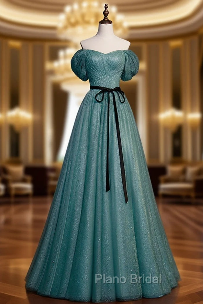 Green A line Tulle Sequin Long Formal Prom Dresses, Green Tulle Graduation Dresses
