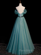 Green A line Tulle Sequin Long Formal Prom Dresses, Green Tulle Graduation Dresses