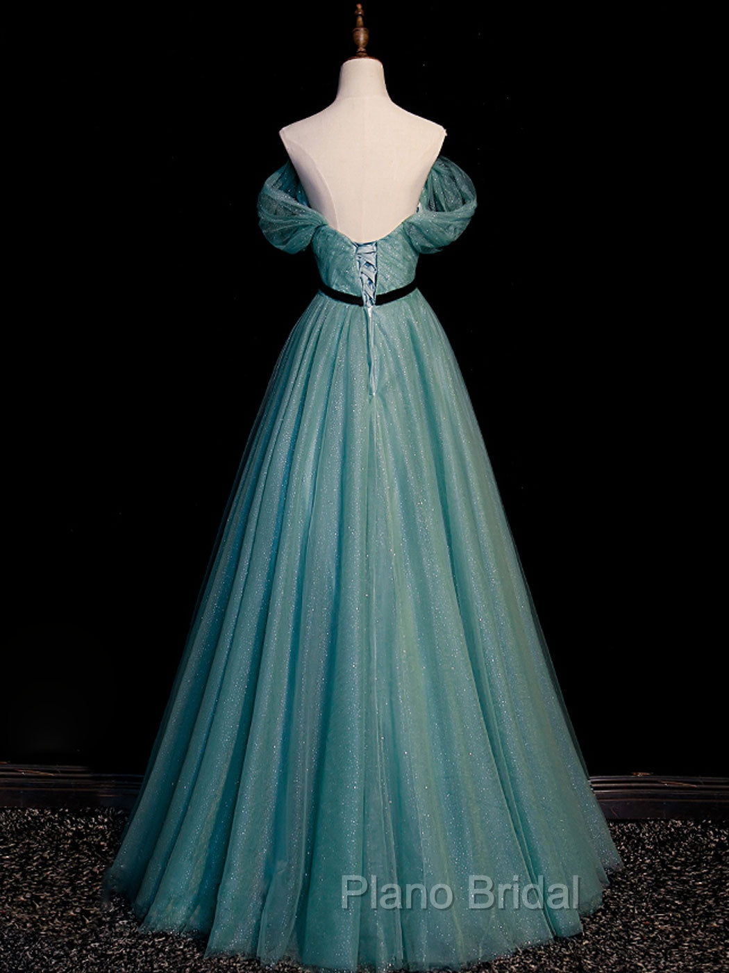 Green A line Tulle Sequin Long Formal Prom Dresses, Green Tulle Graduation Dresses